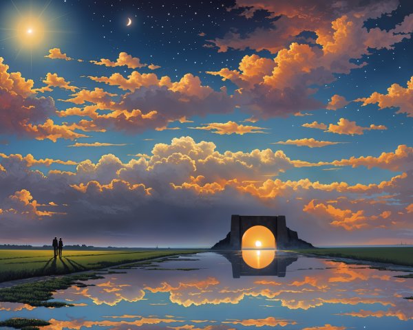 Serene landscape with sunset sky and tranquil lake
