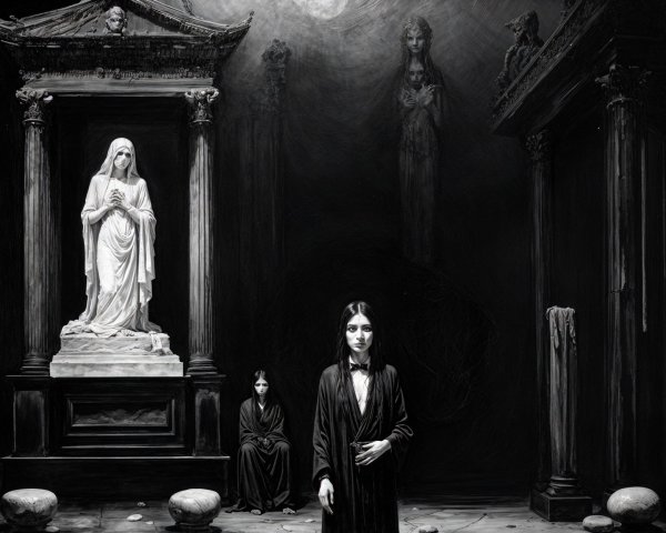 Black and White Scene with Woman and Grieving Statue