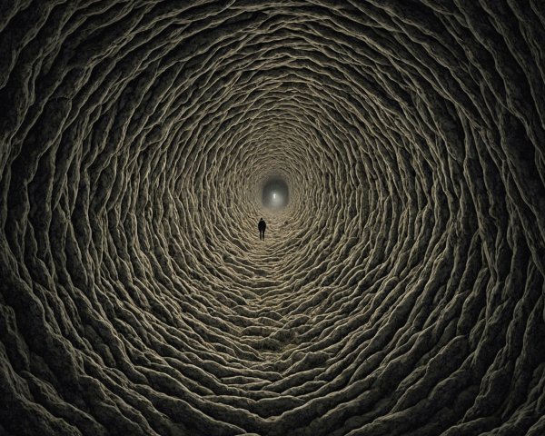 Dark Spiral Tunnel with Faint Light and Solitary Figure