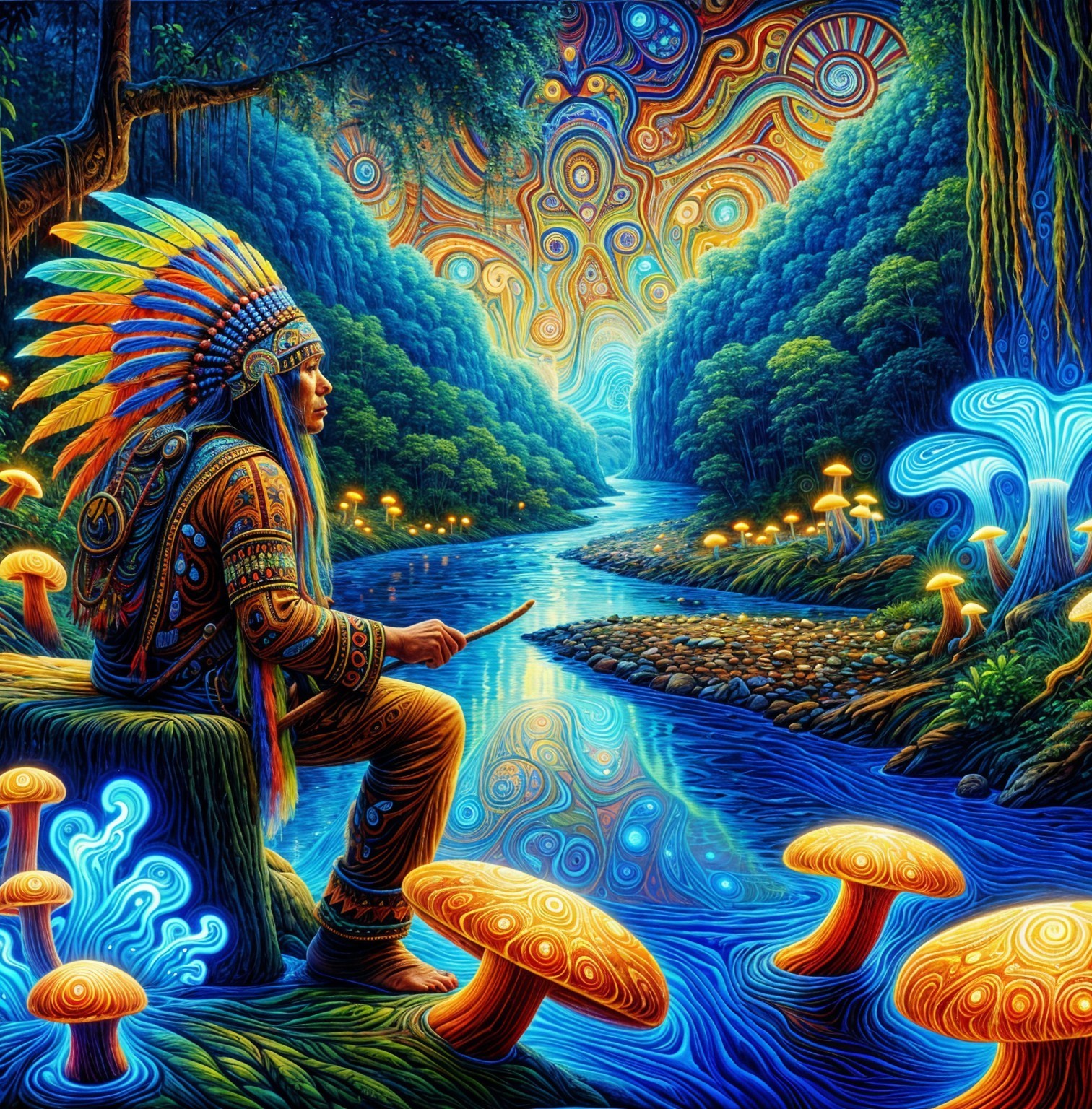 Surreal Landscape with Native American Figure and Flora