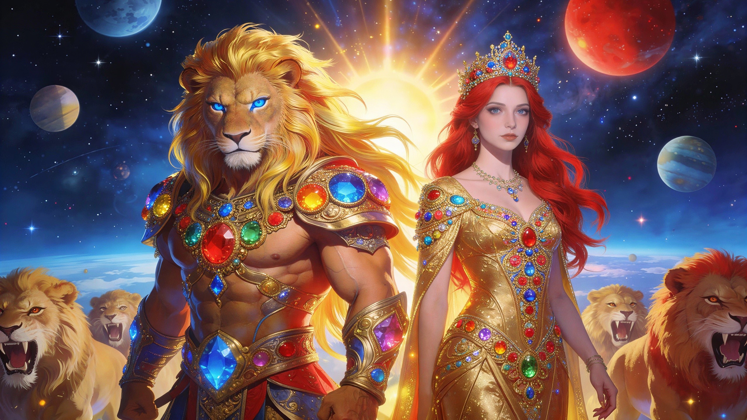 Muscular Lion King and Queen in Jewel Armor Art