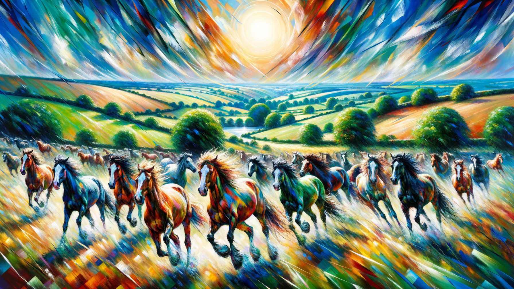 Impressionist Oil Painting of Wild Horses in Motion