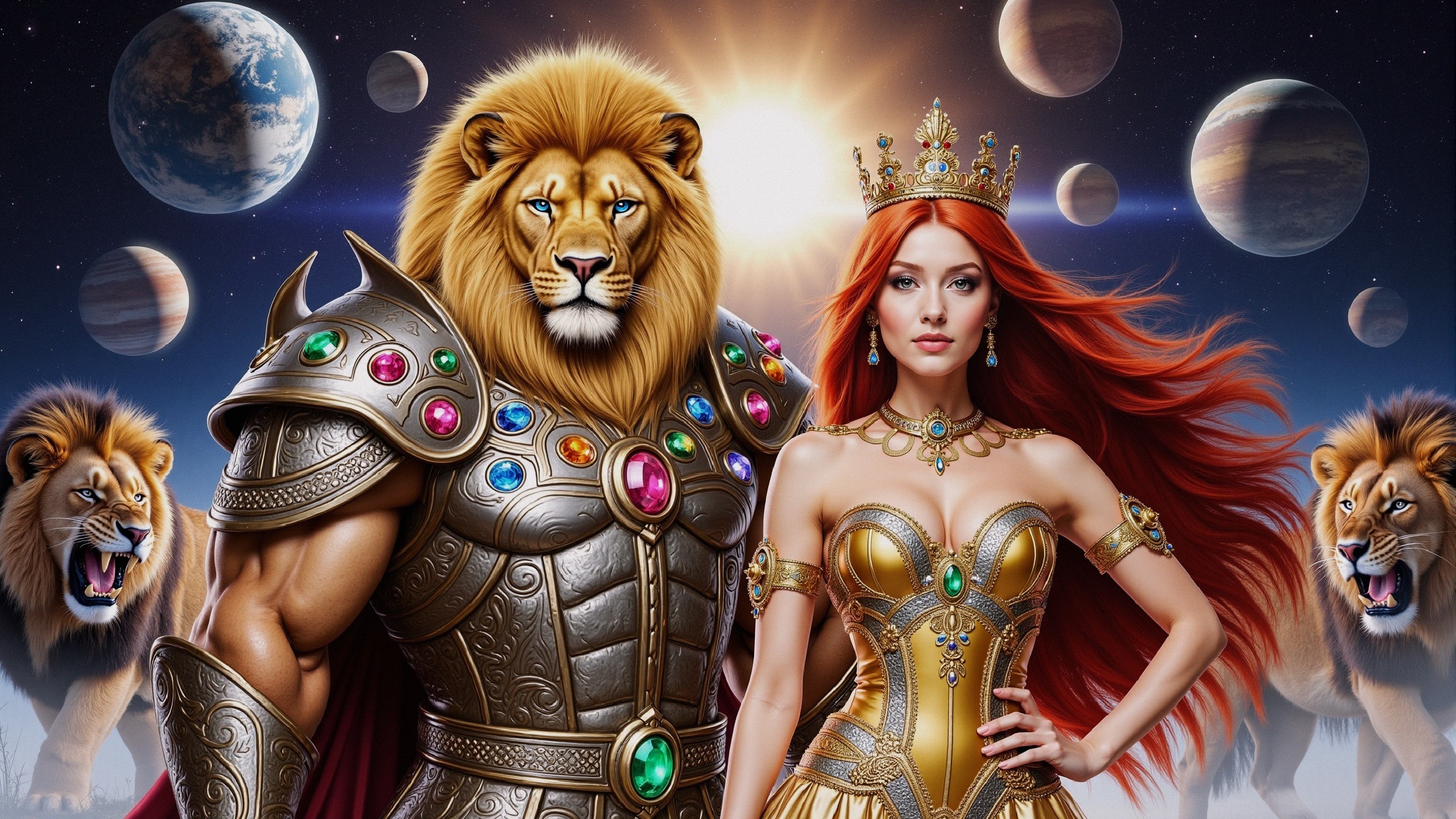 Regal Lion and Majestic Woman in Cosmic Setting