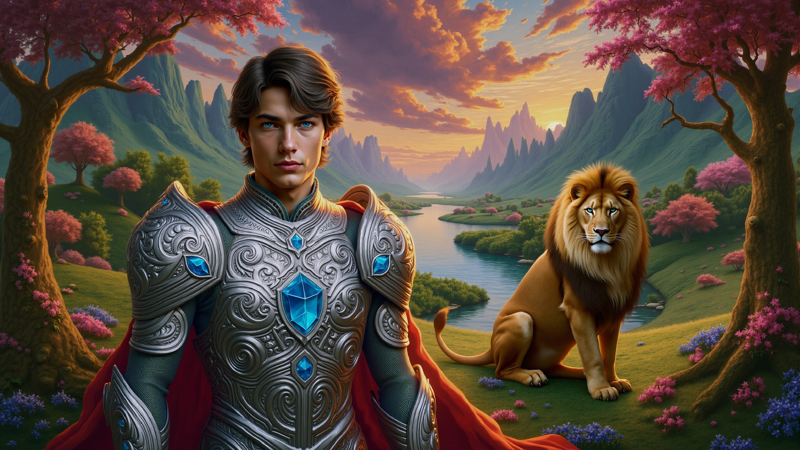 Young knight in silver armor with a lion and mountains