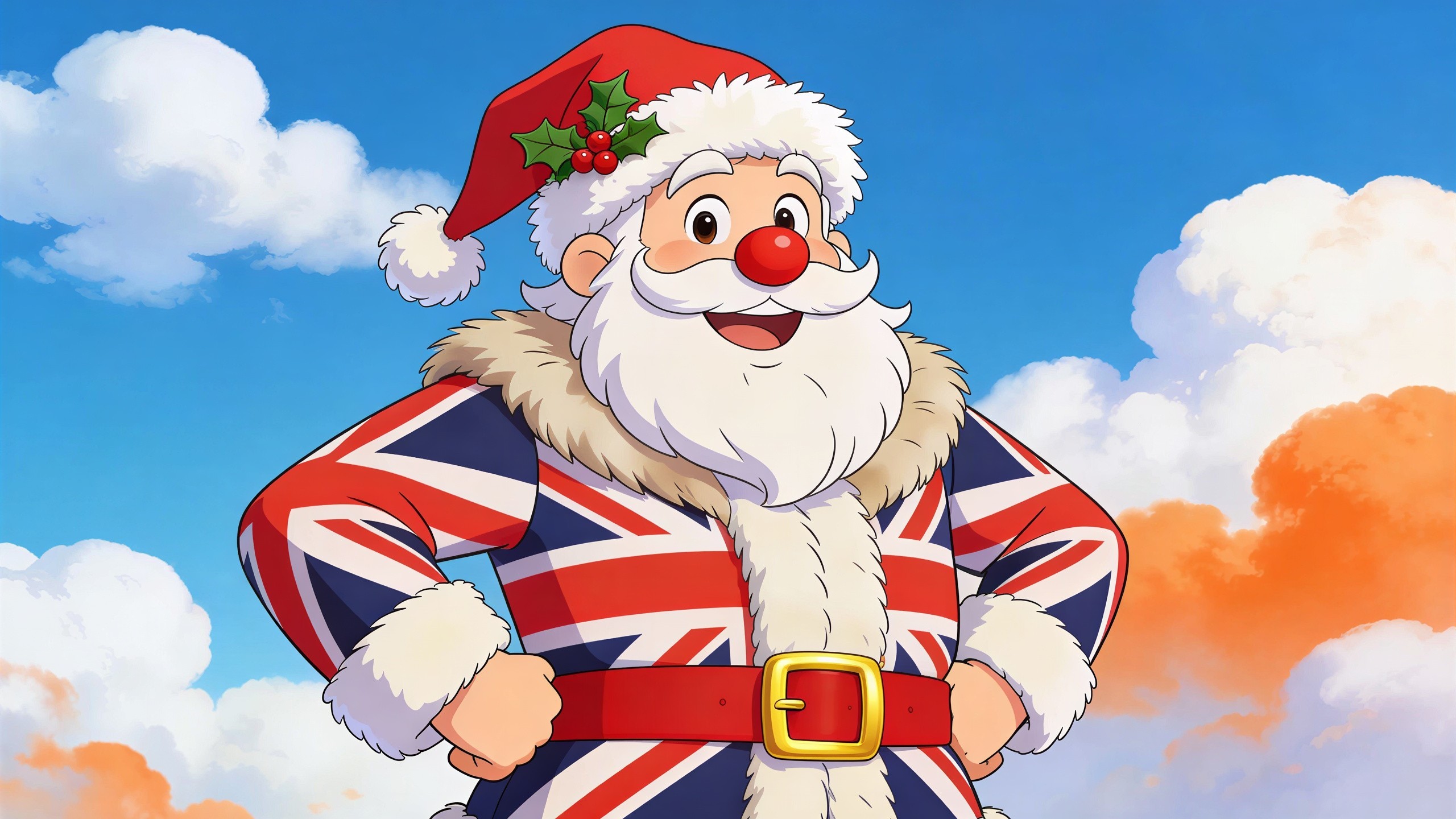 Cheerful Anime-Style Santa Claus with Union Jack Coat