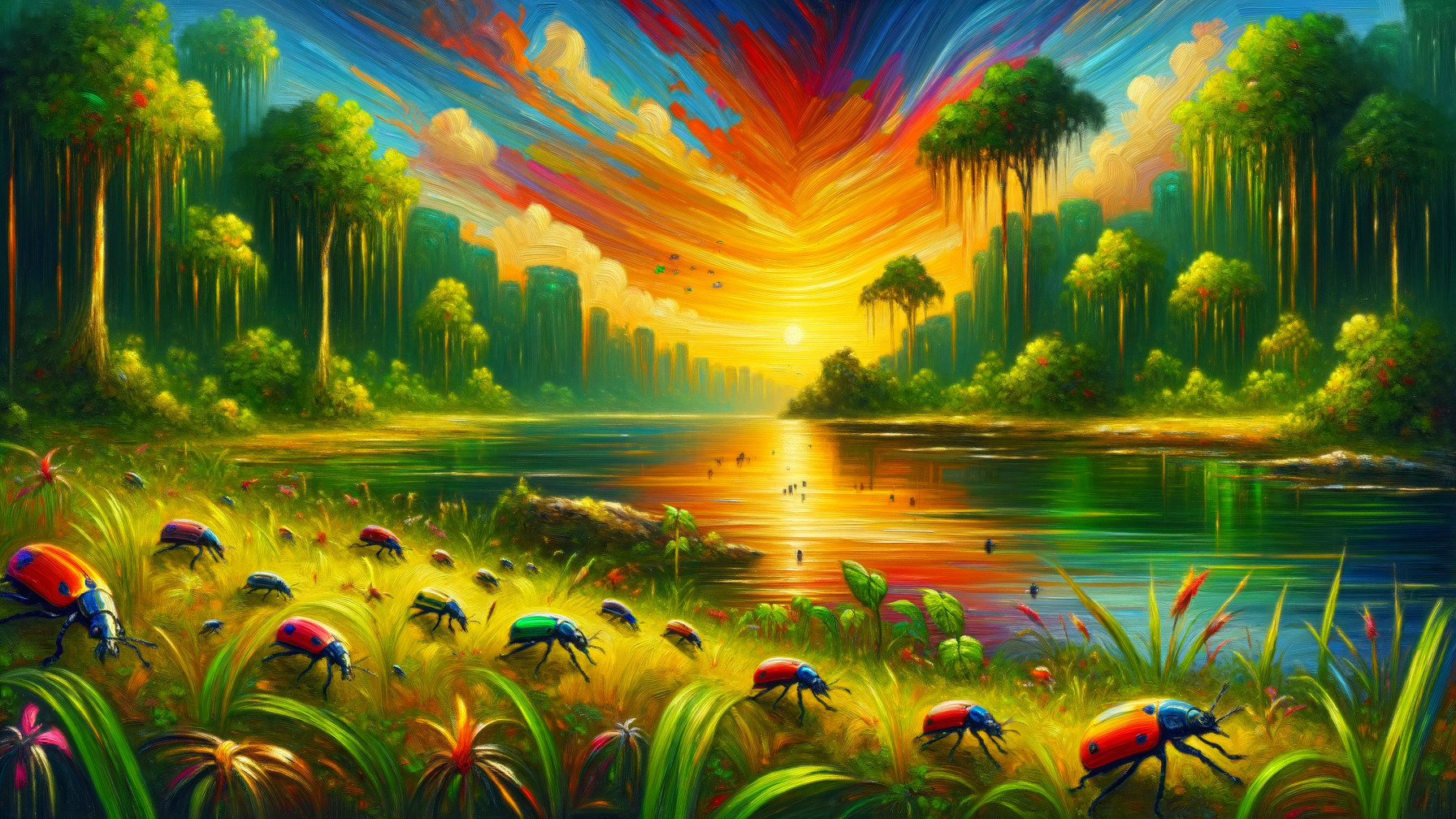 Impressionistic Landscape with Colorful Beetles at Sunset
