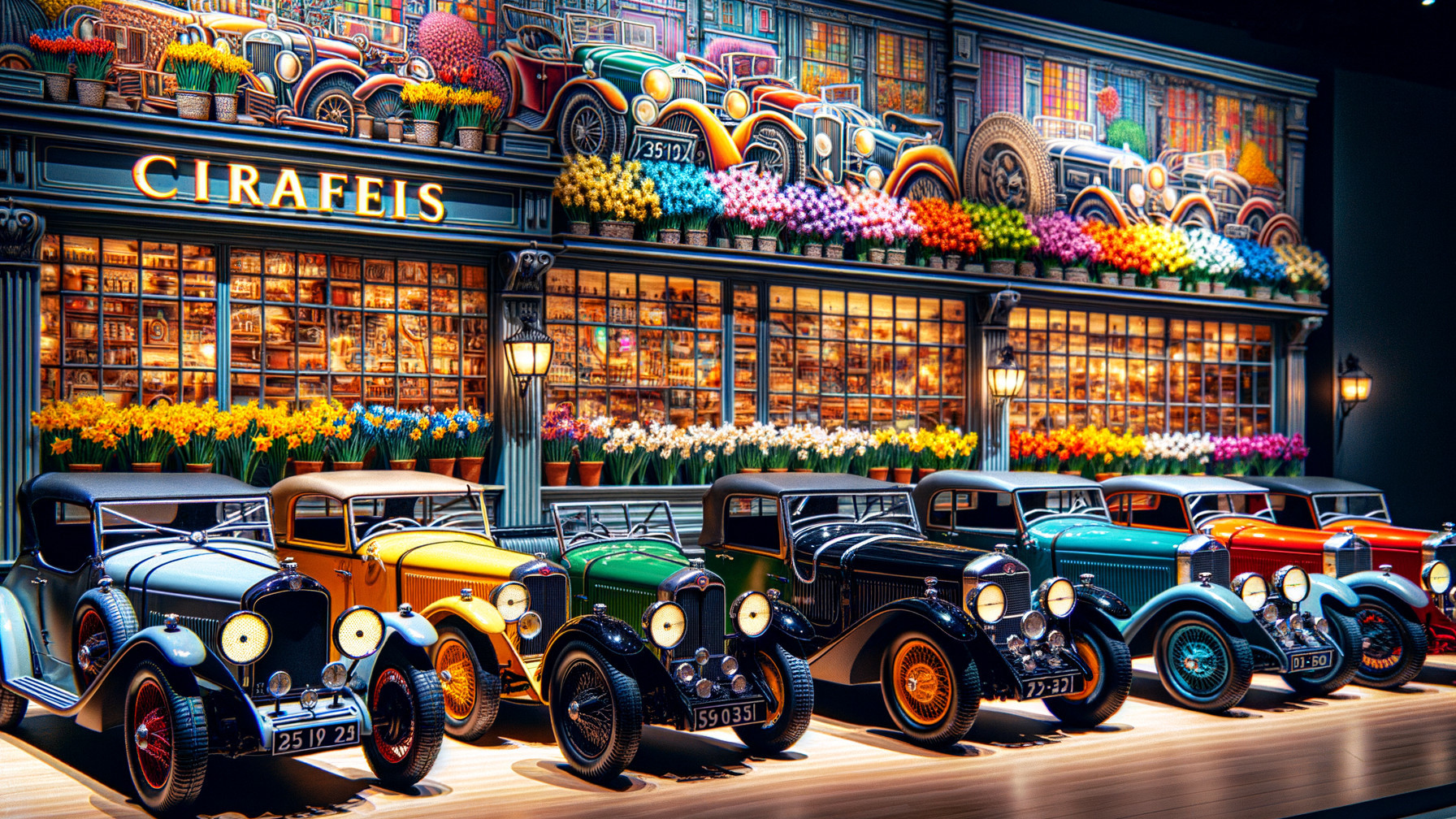 Fantasy Street Scene with Vintage Cars and Flower Shop