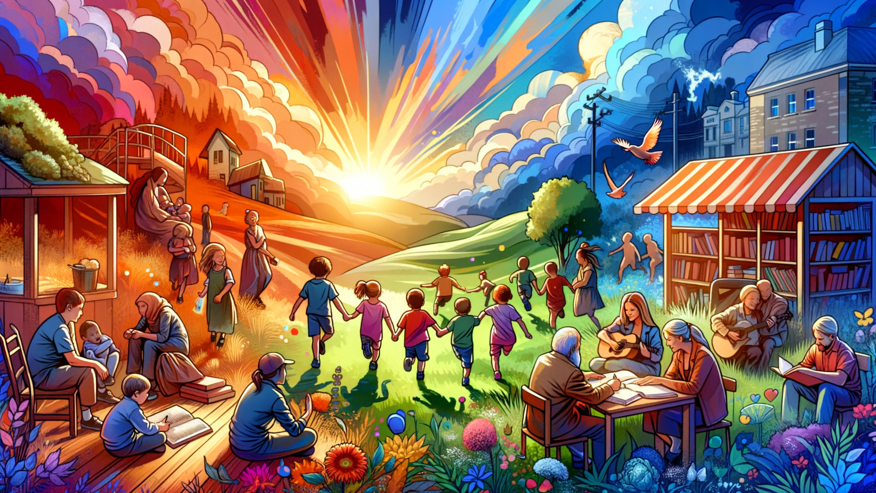 Vibrant Illustration of Nature and Human Activity Scenes