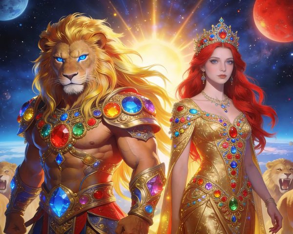 Muscular Lion King and Queen in Jewel Armor Art