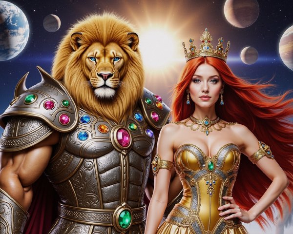 Regal Lion and Majestic Woman in Cosmic Setting
