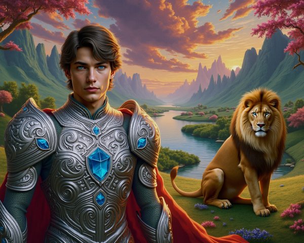 Young knight in silver armor with a lion and mountains