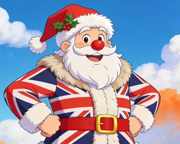 Cheerful Anime-Style Santa Claus with Union Jack Coat