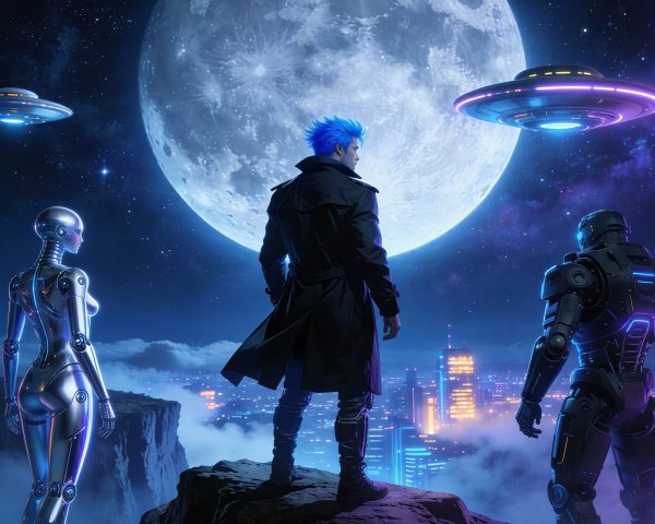 Futuristic Characters Overlooking Neon City at Night
