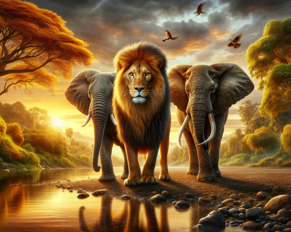 Lion and Elephant by Calm River at Sunset