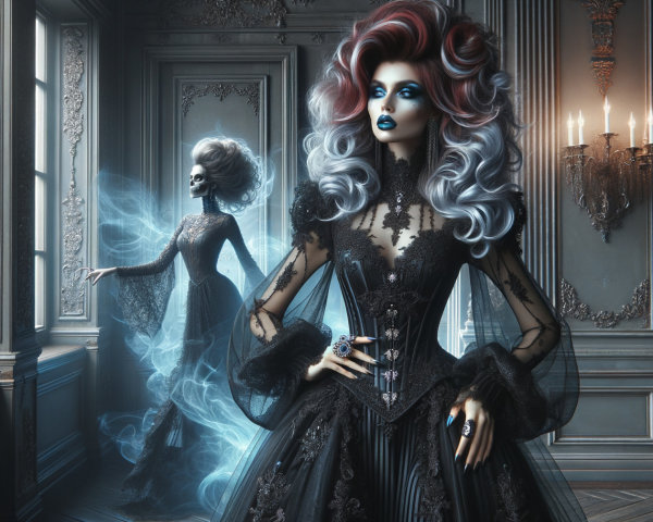Elegant Black Gown with Ethereal Ghostly Figure