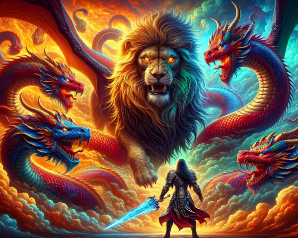 Majestic lion and dragons in a fantasy confrontation scene