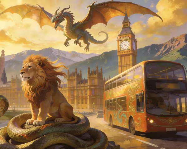 Fantasy Illustration of London with Lion and Snake