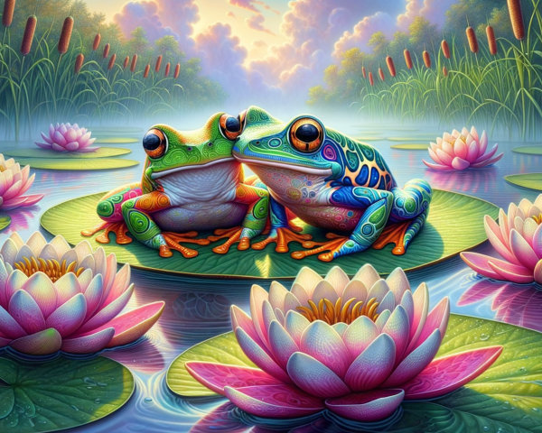 Vibrant Frogs on Water Lilies in a Serene Pond