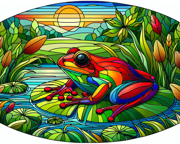 Vibrant Stained-Glass Illustration of Frog on Lily Pad