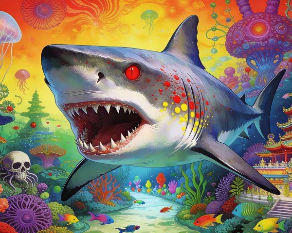 Psychedelic Underwater Scene with Colorful Marine Life