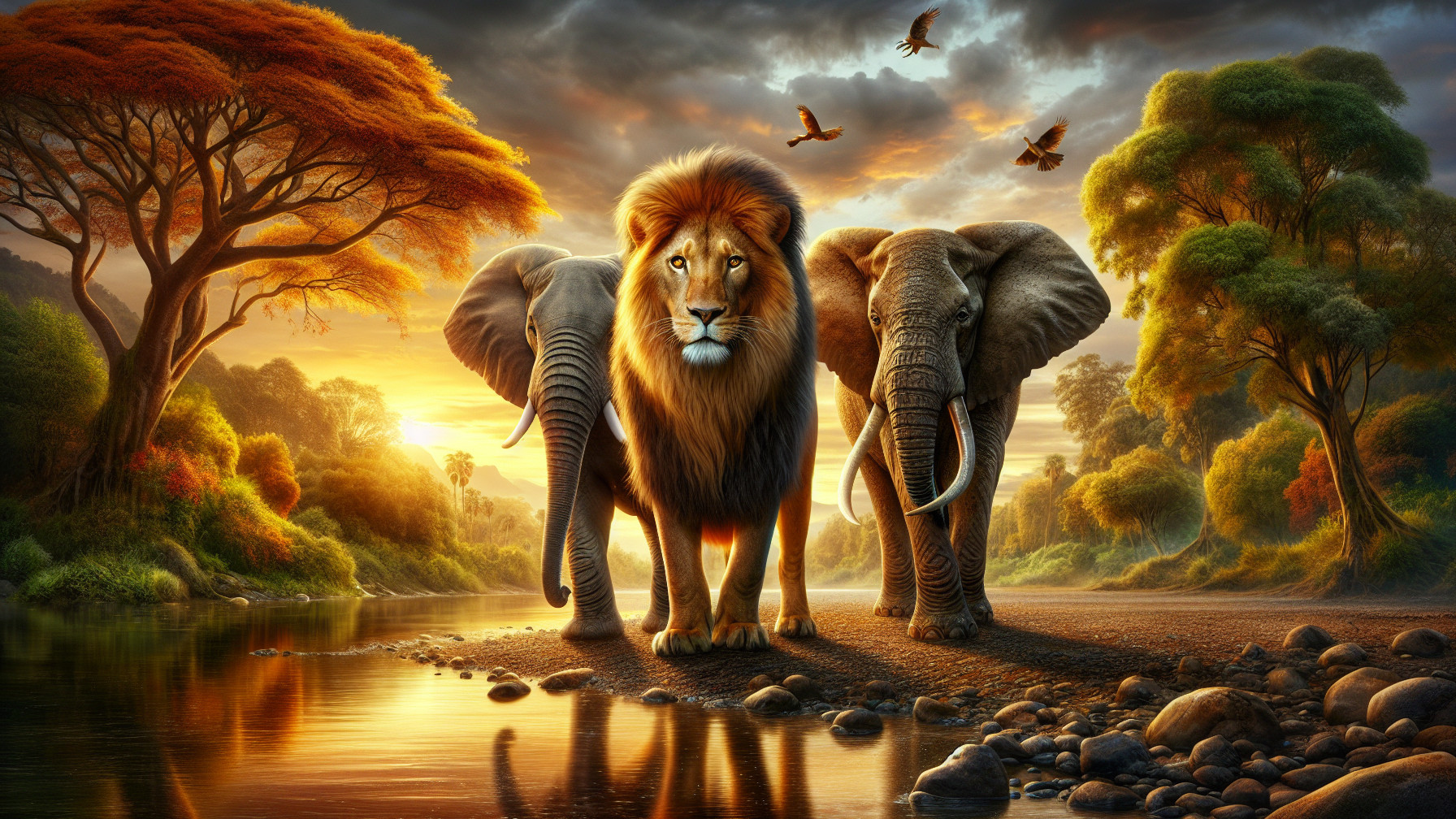 Lion and Elephant by Calm River at Sunset