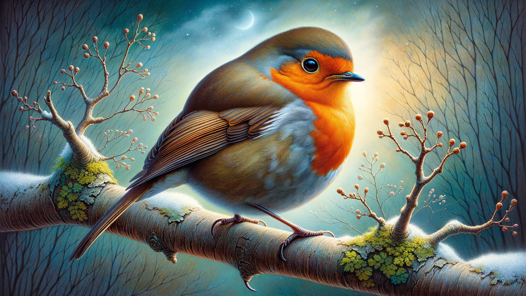 European Robin on Snowy Branch in Winter Forest