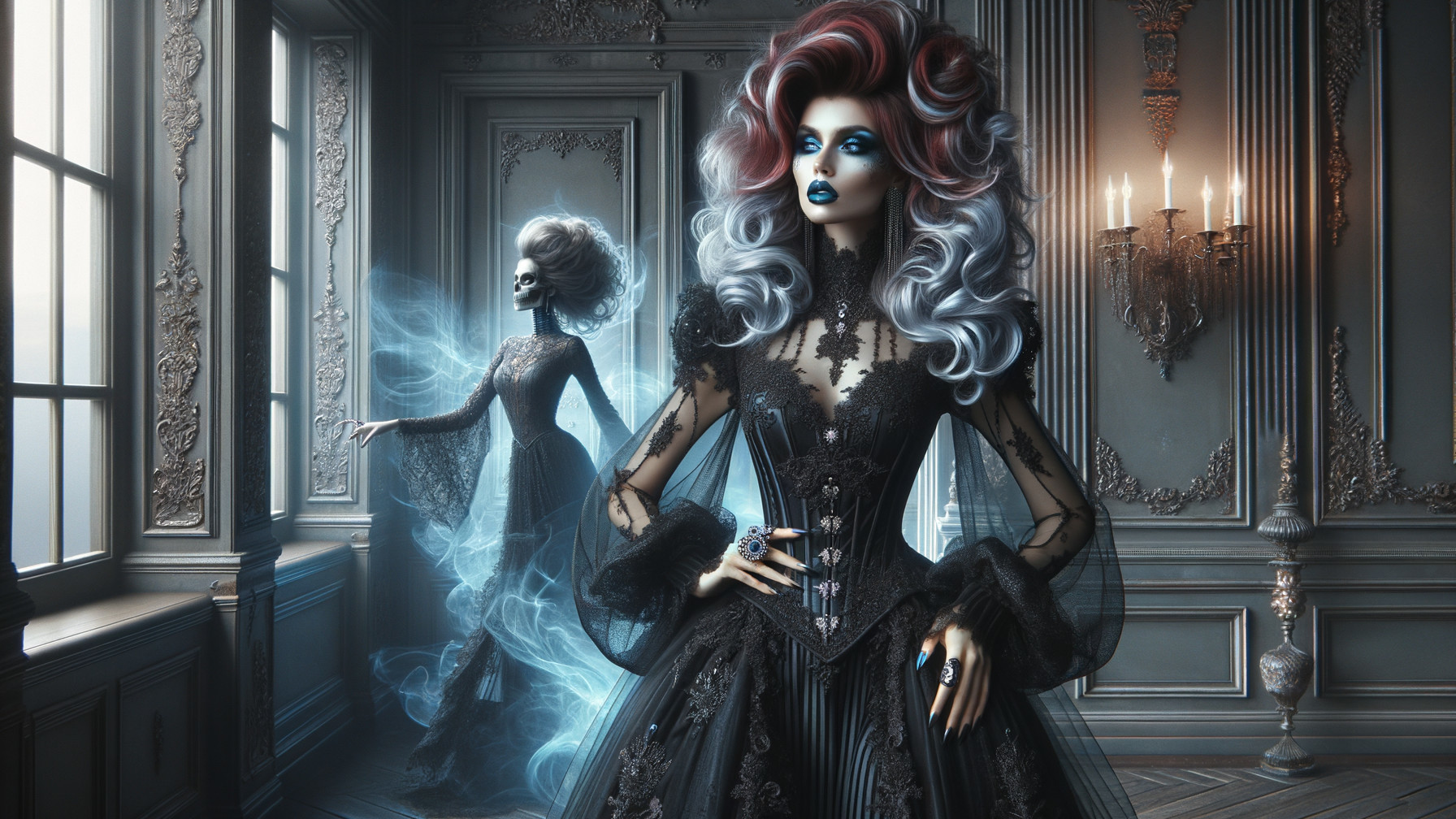 Elegant Black Gown with Ethereal Ghostly Figure