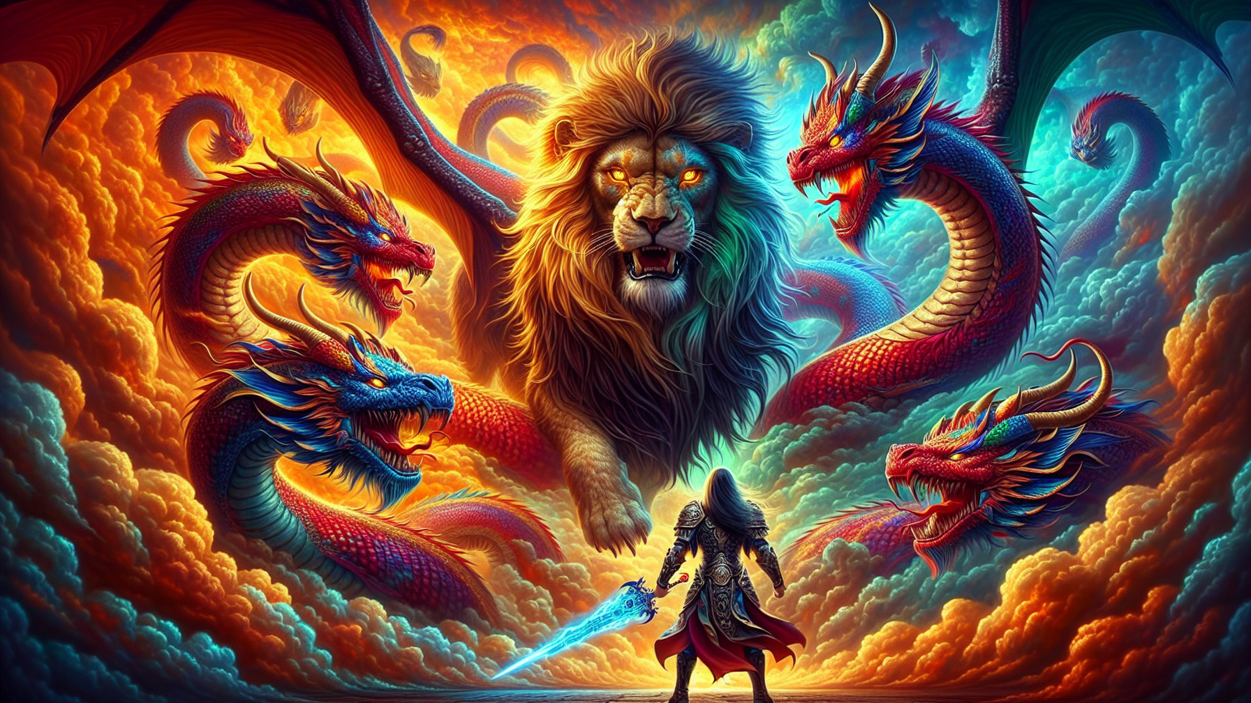 Majestic lion and dragons in a fantasy confrontation scene
