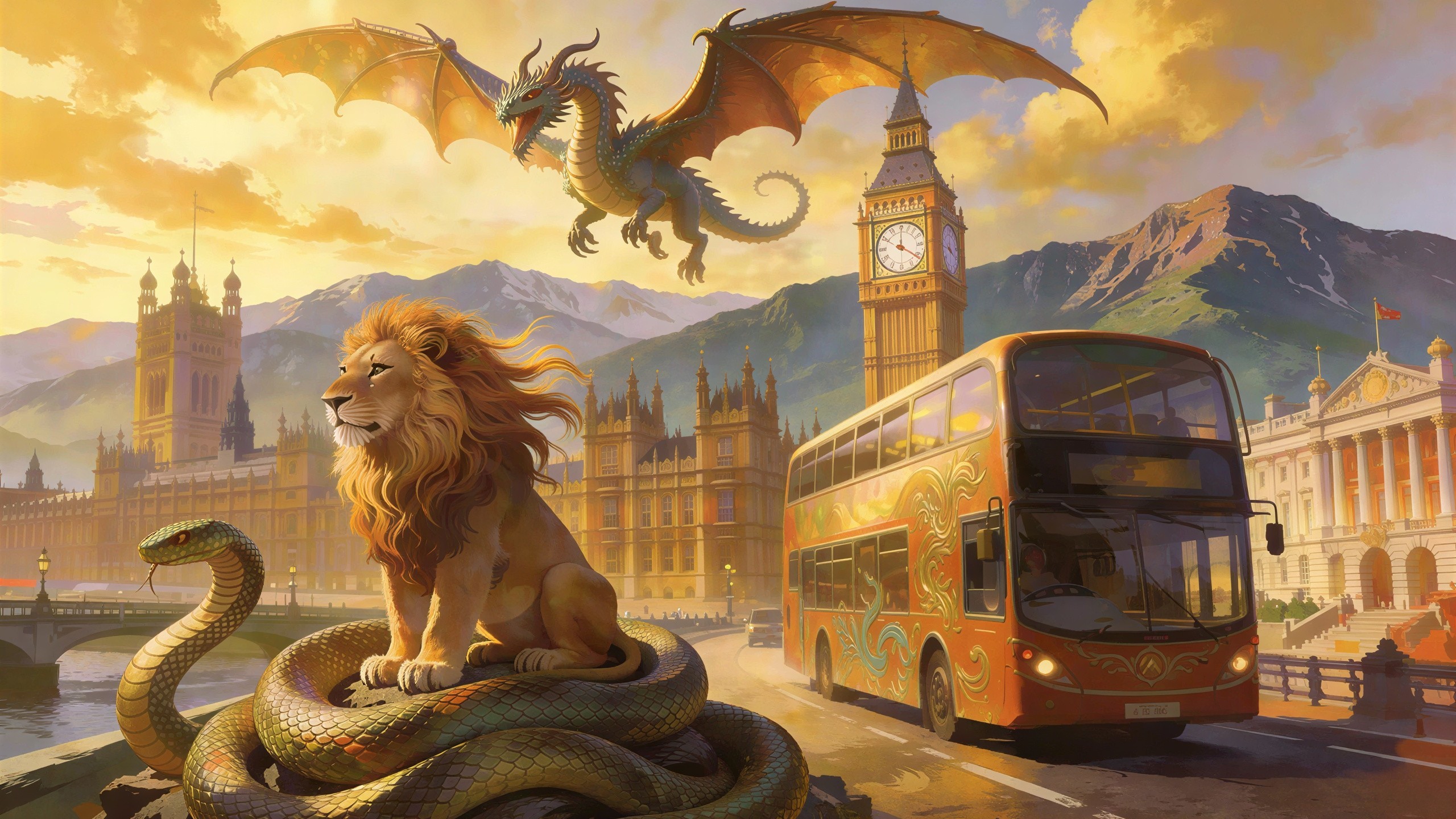 Fantasy Illustration of London with Lion and Snake
