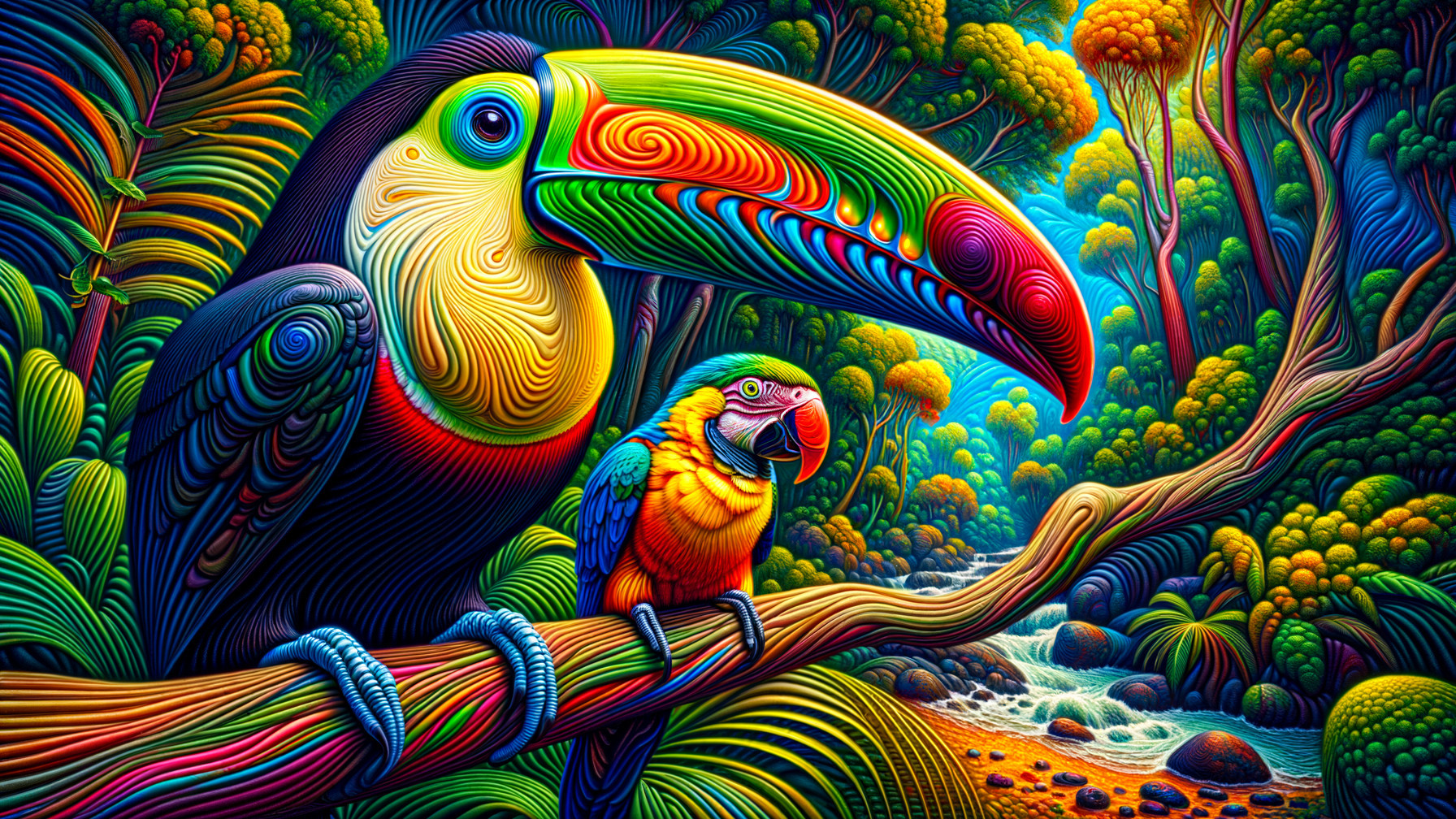 Psychedelic Artwork of Toucan and Parrot in Jungle
