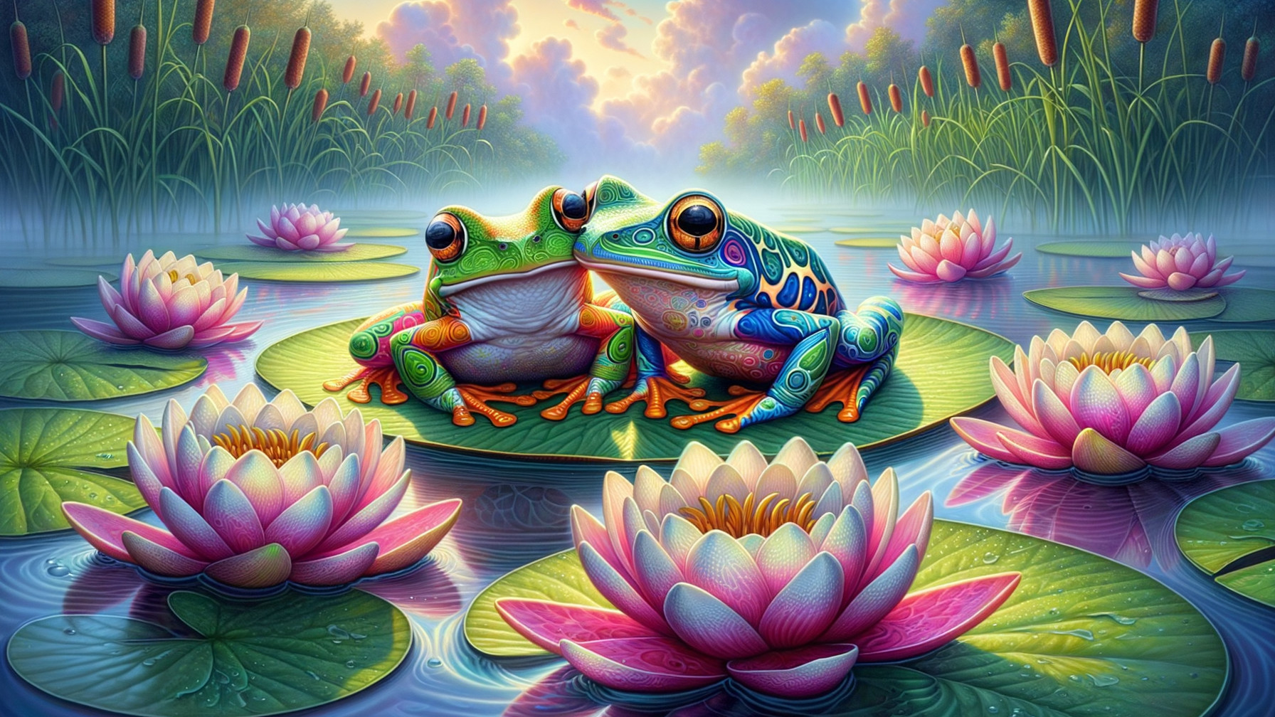 Vibrant Frogs on Water Lilies in a Serene Pond