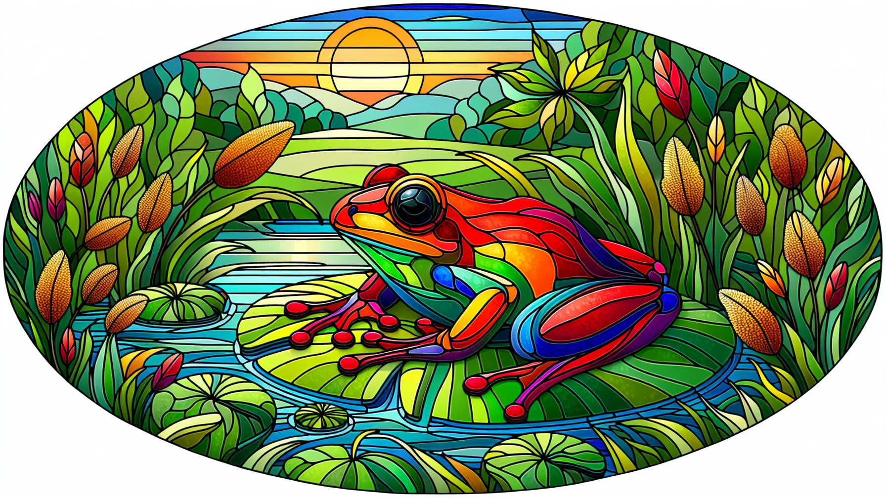 Vibrant Stained-Glass Illustration of Frog on Lily Pad