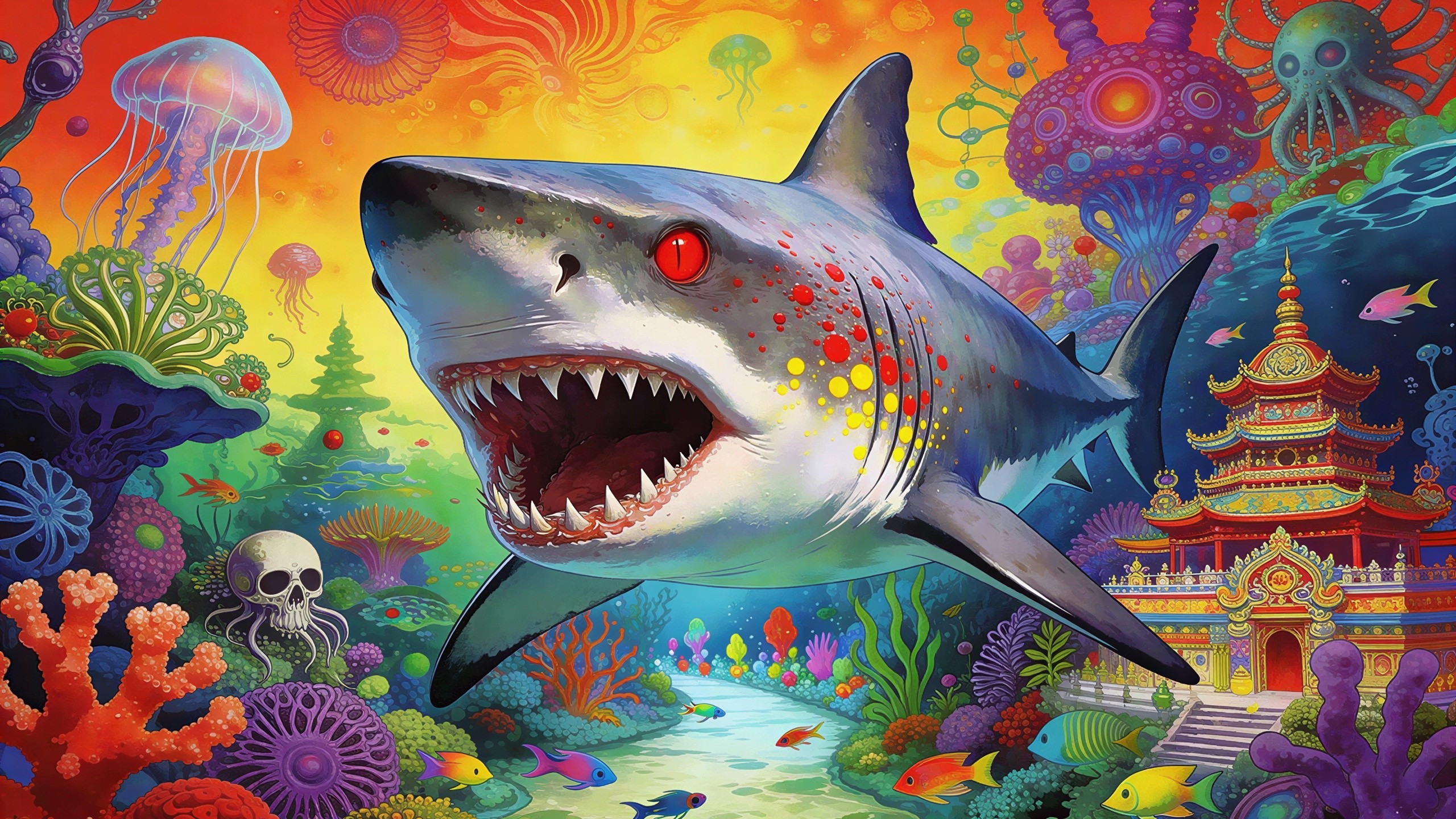 Psychedelic Underwater Scene with Colorful Marine Life