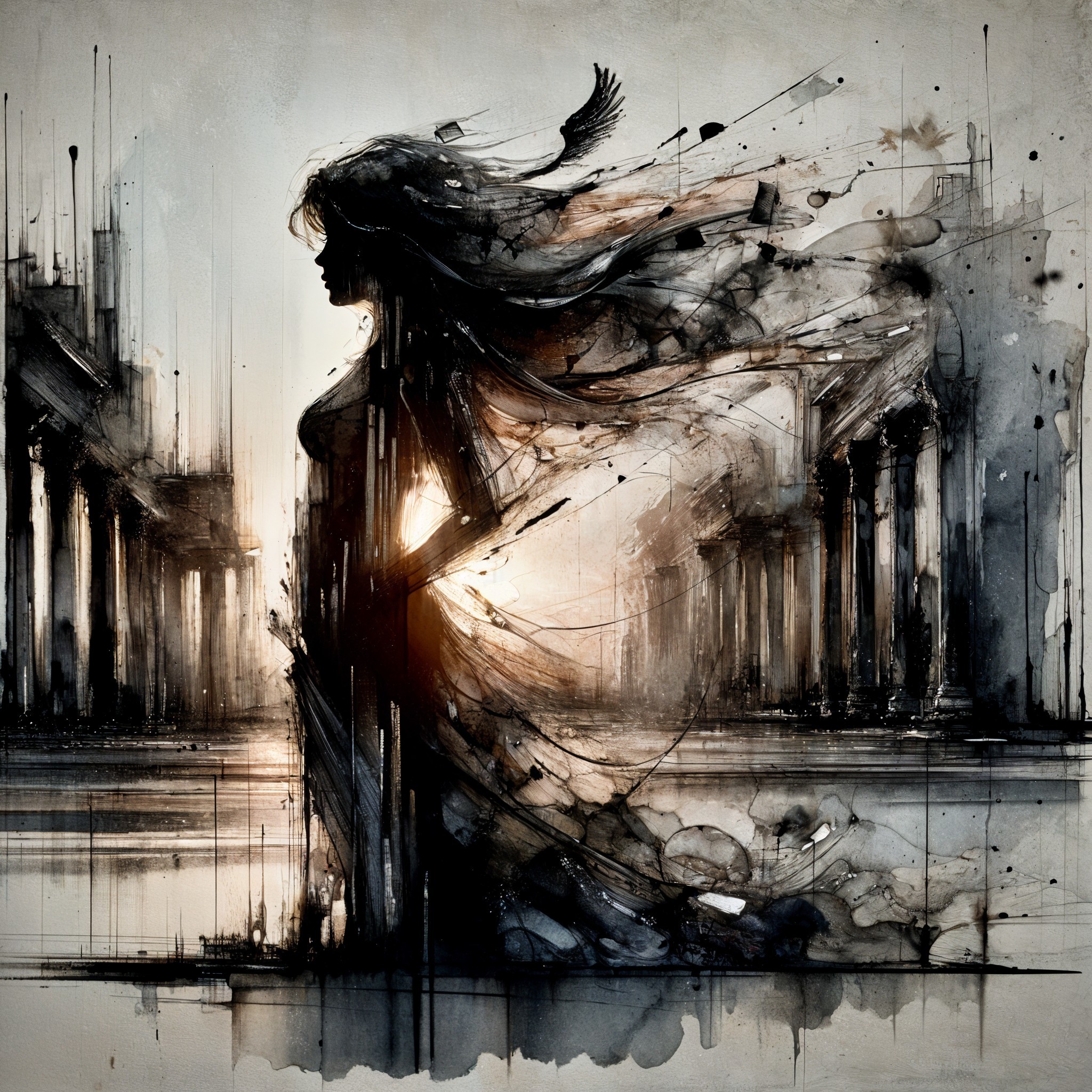 Silhouette of a Woman with Abstract Architecture