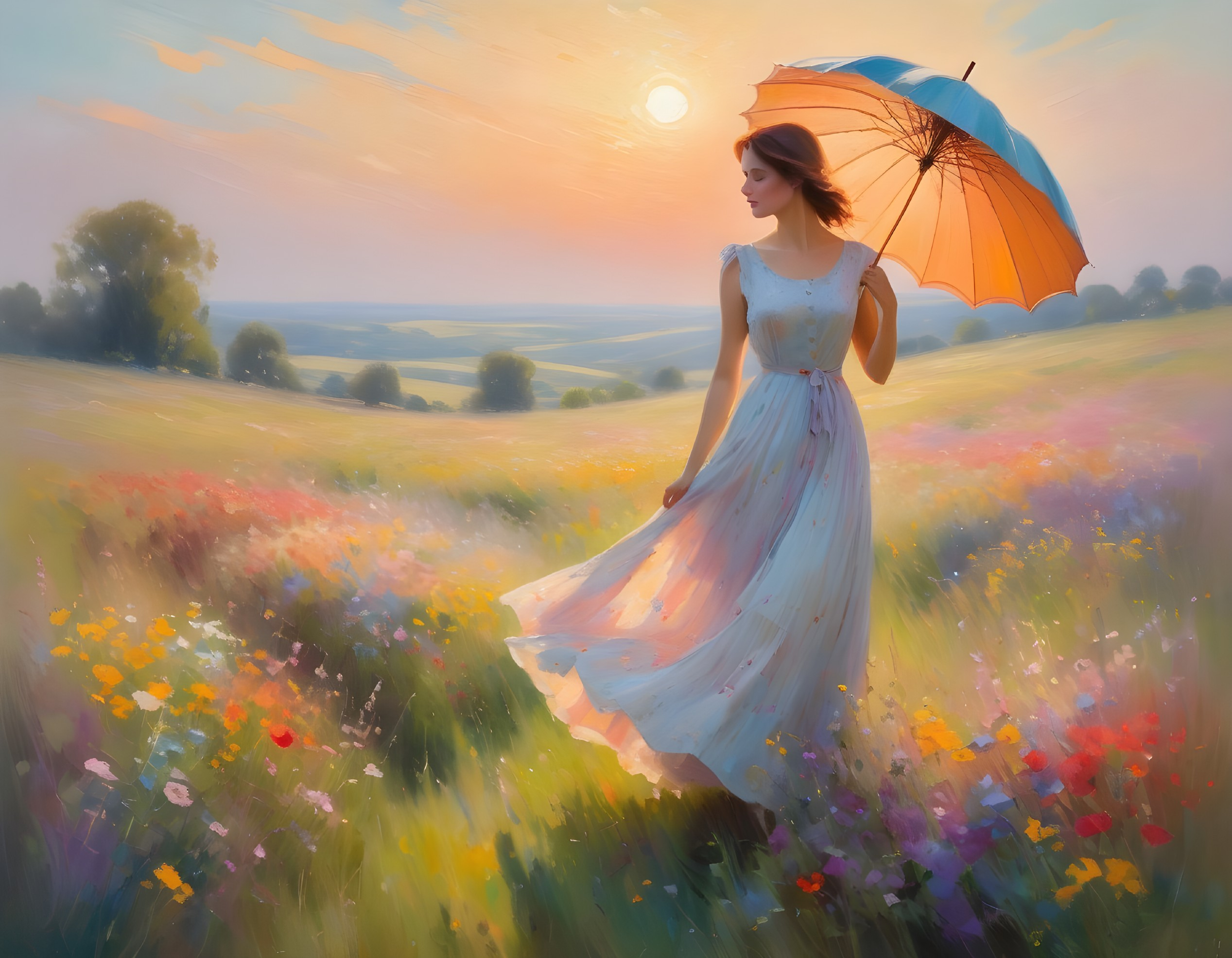 Woman with Orange Umbrella in Blooming Meadow at Sunset