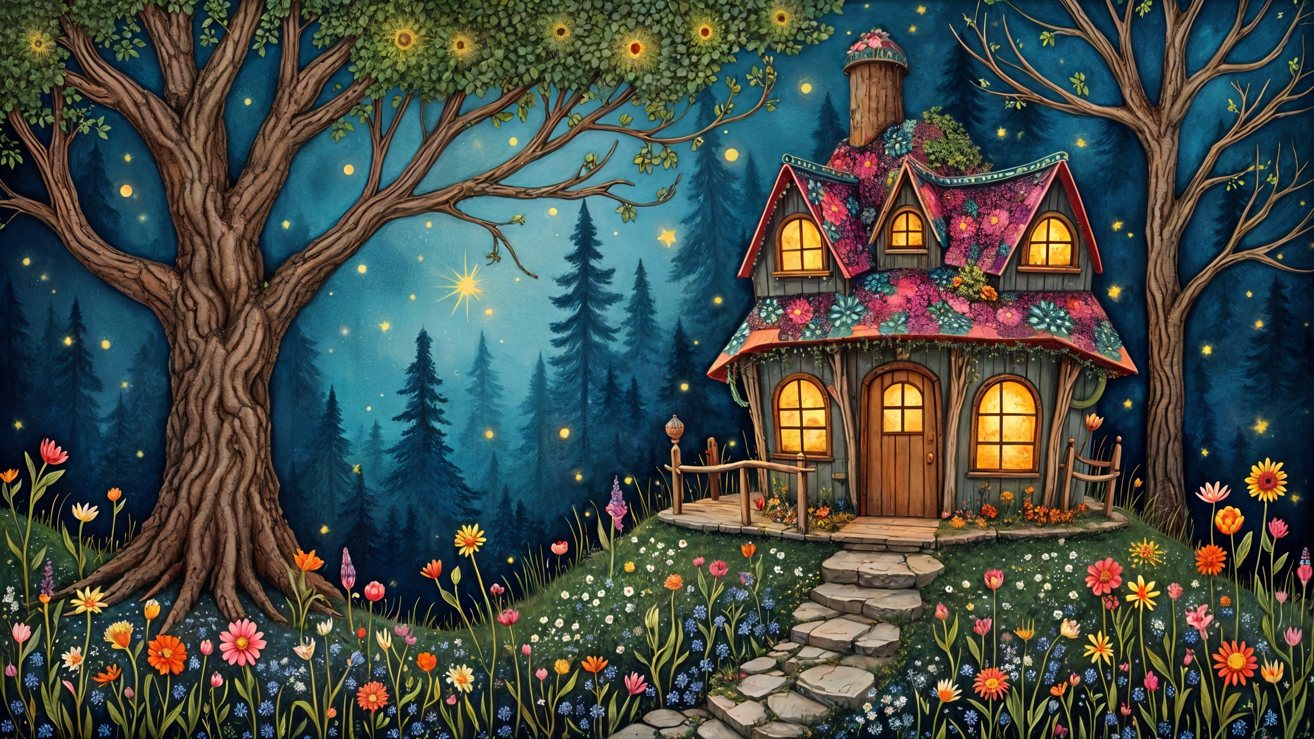 Whimsical Cottage in a Flower-Covered Landscape