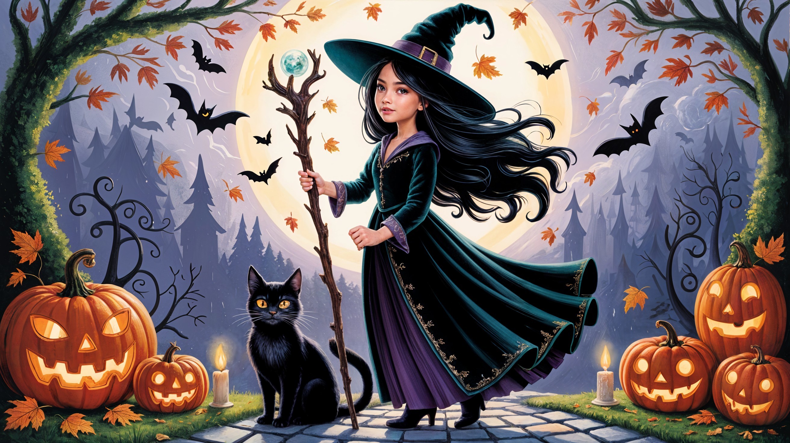 Young witch in mystical setting with glowing staff