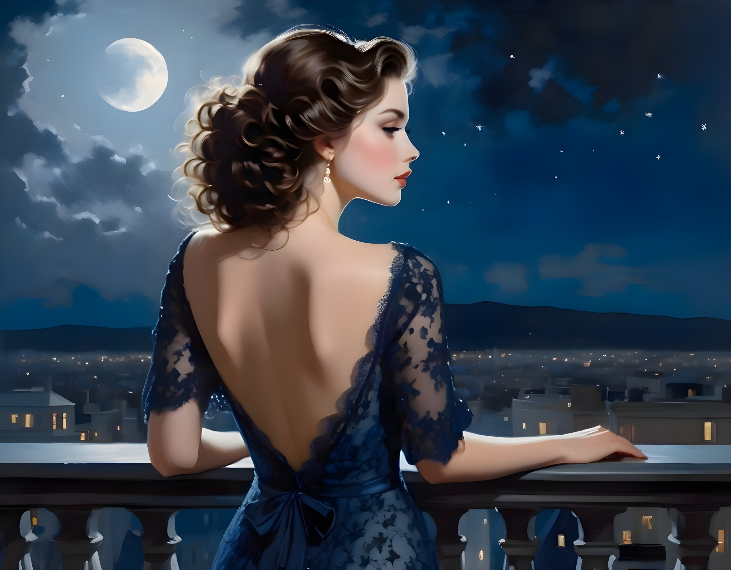 Elegant woman in blue lace dress overlooking city at night