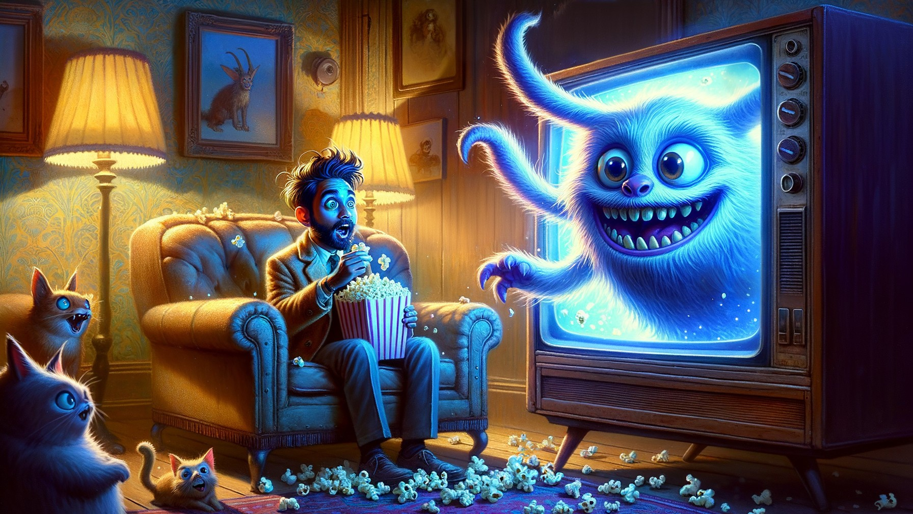 Cozy living room with whimsical creature and cats
