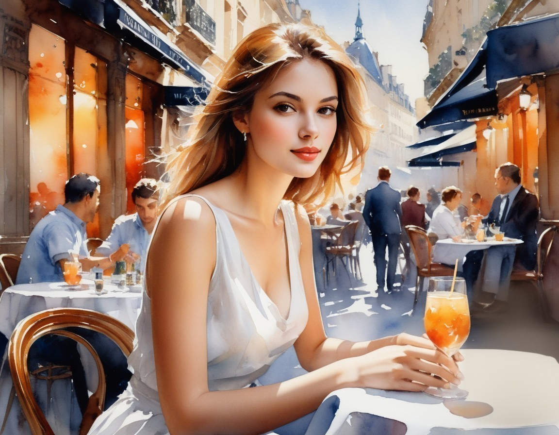 Illustration of a woman at a sunny sidewalk café