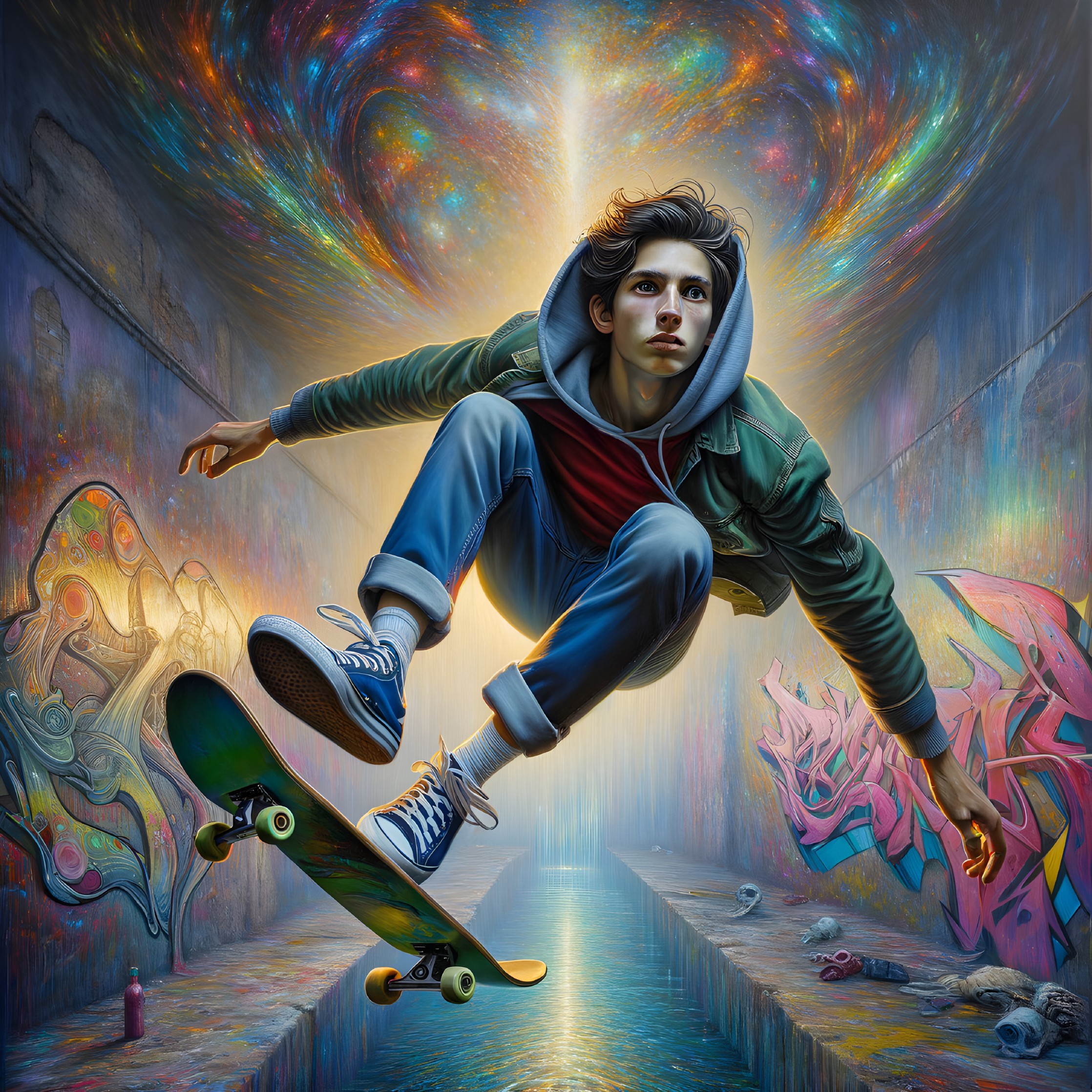 Skateboarding in a Cosmic Graffiti Alley Scene