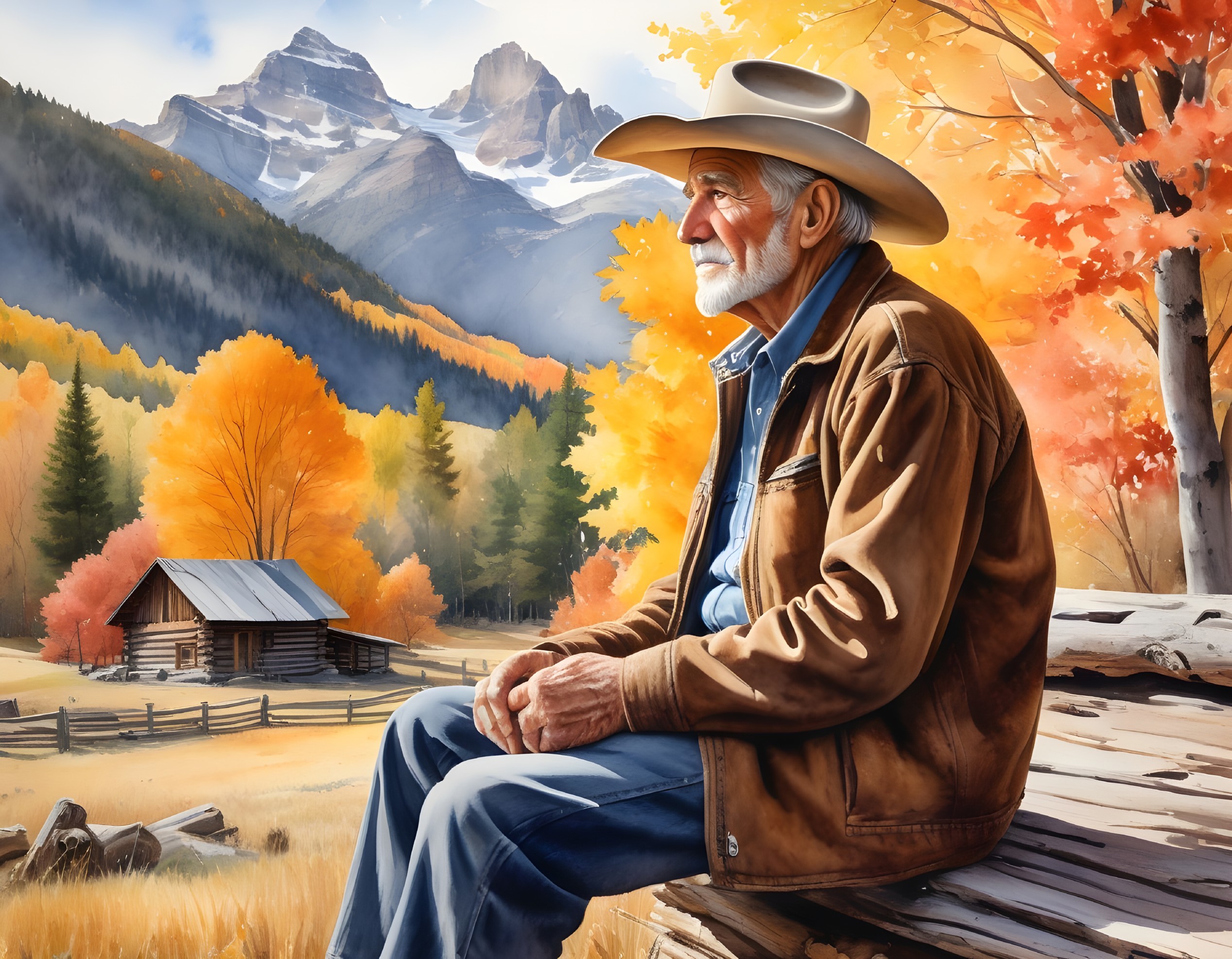 Elderly man in cowboy hat gazes at rustic cabin amid autumn landscape