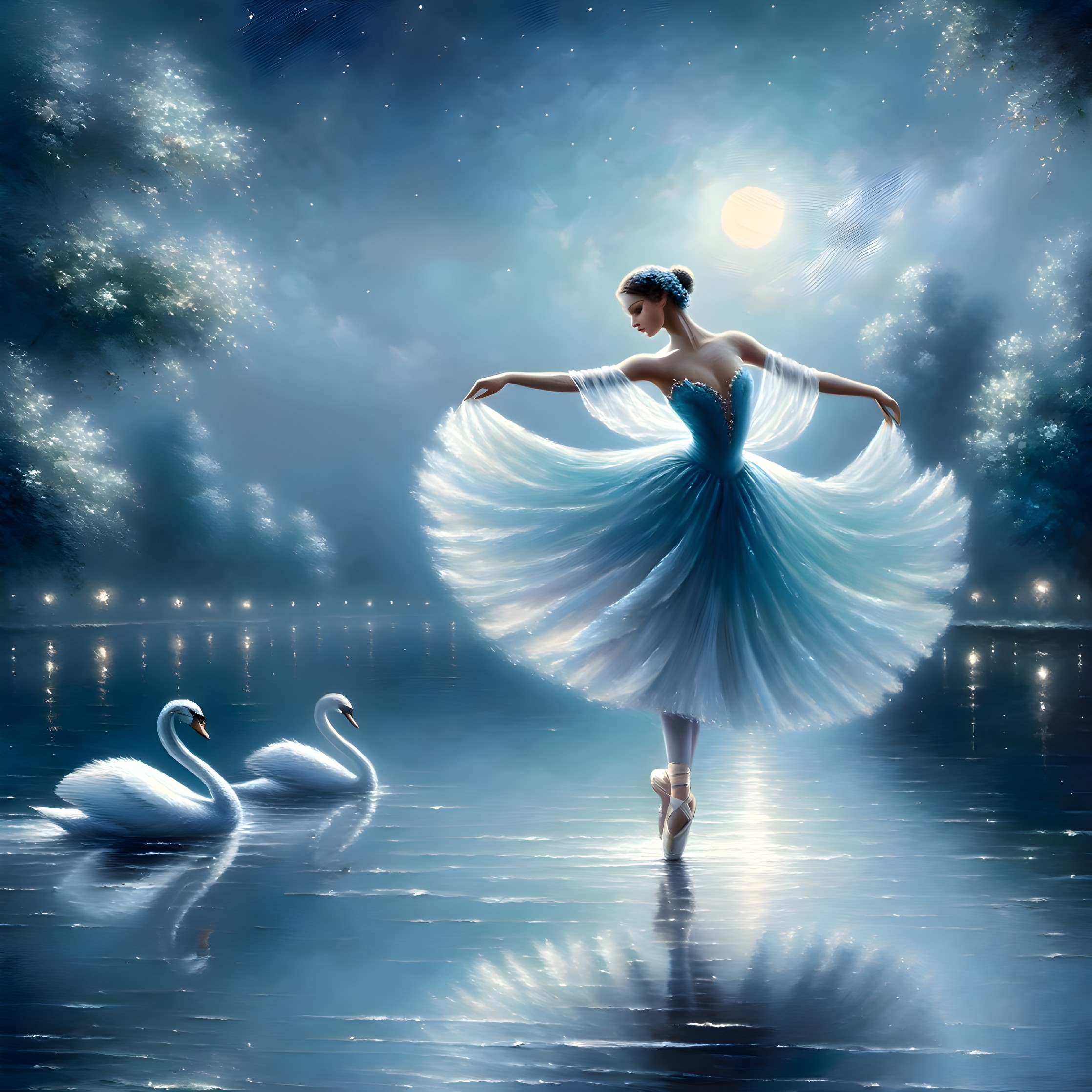 Ballerina Dancing on a Moonlit Lake with Swans
