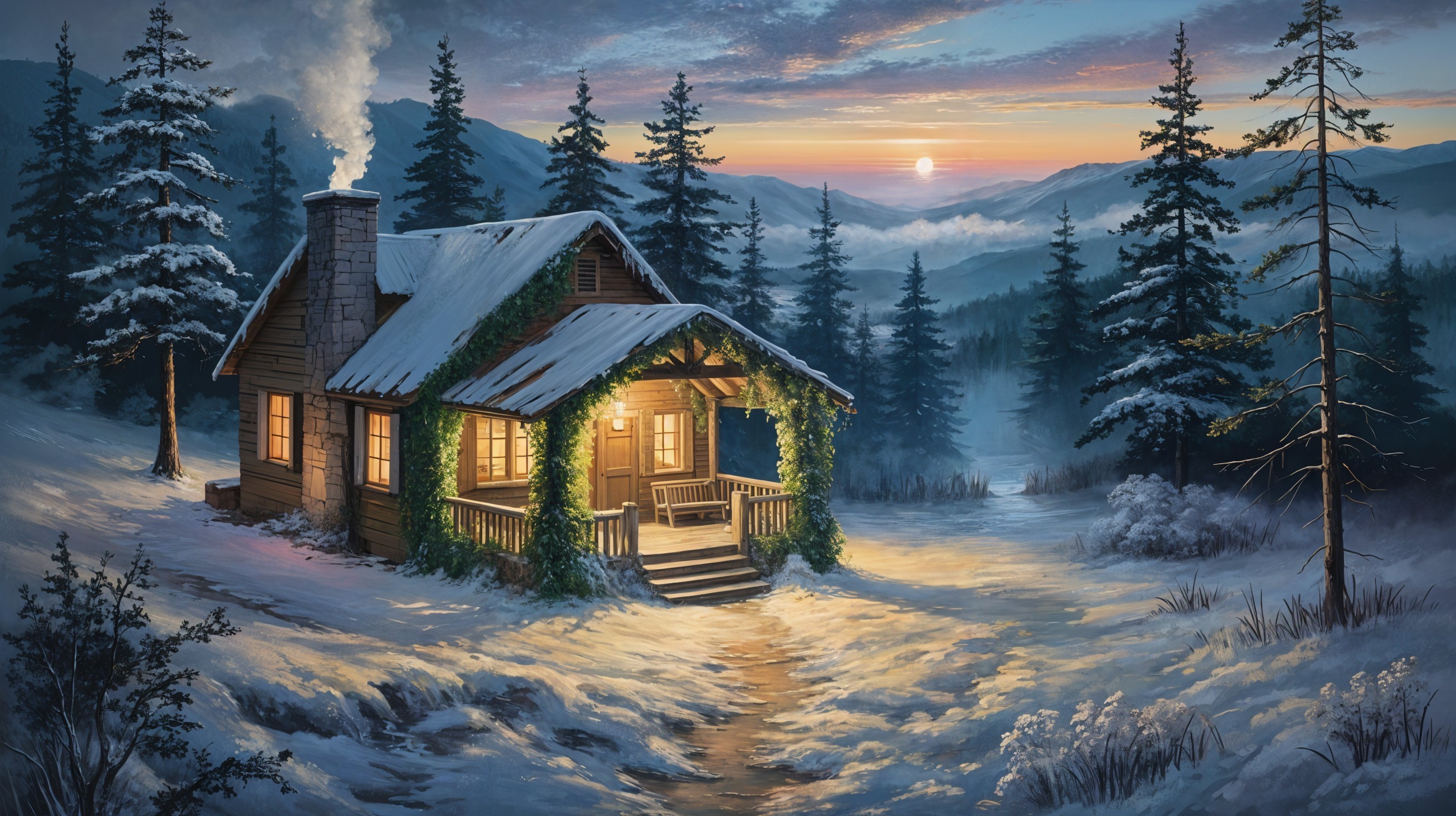 Cozy cabin in snowy landscape with sunset backdrop