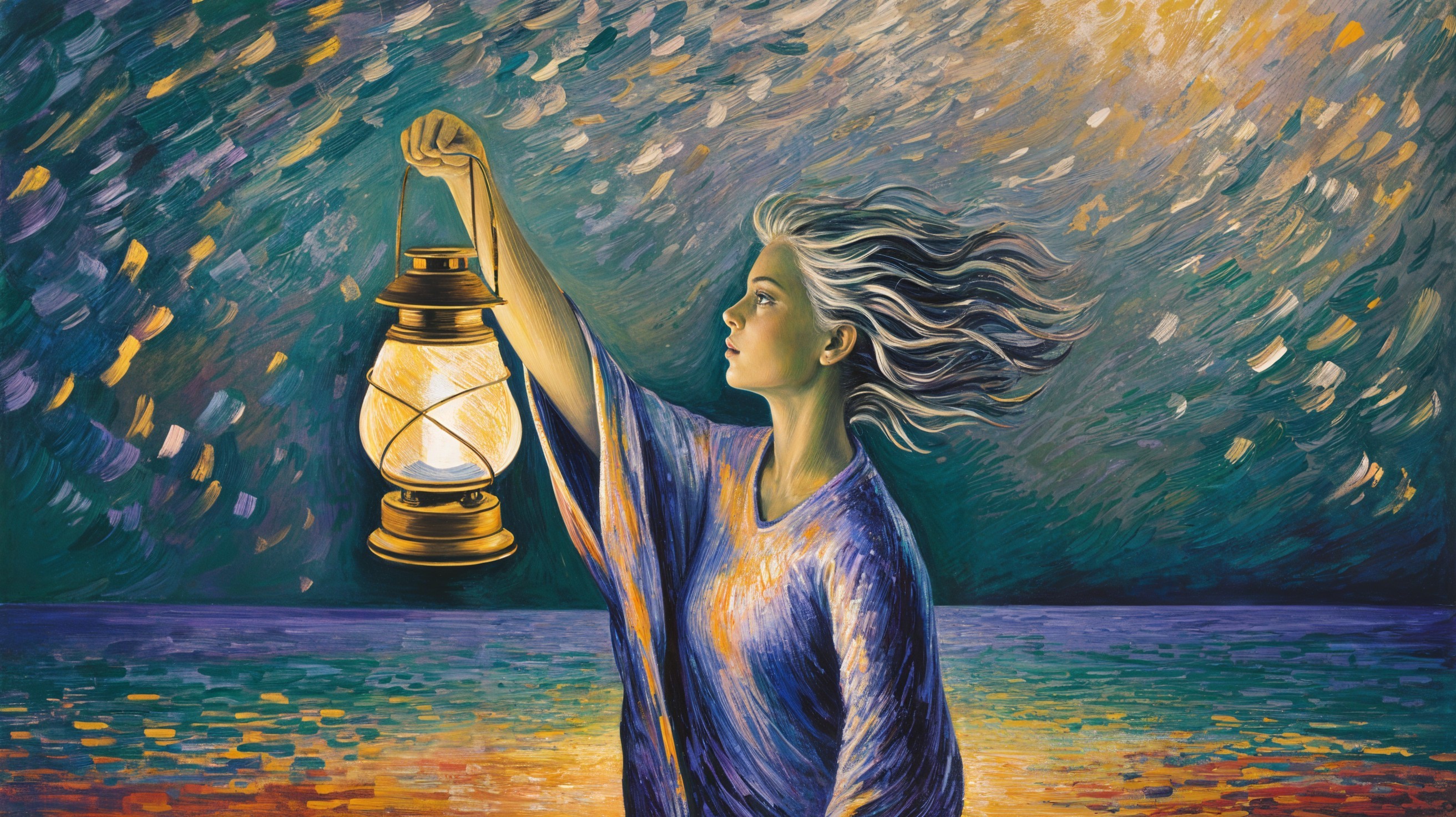 Young Woman with Lantern in Colorful Landscape
