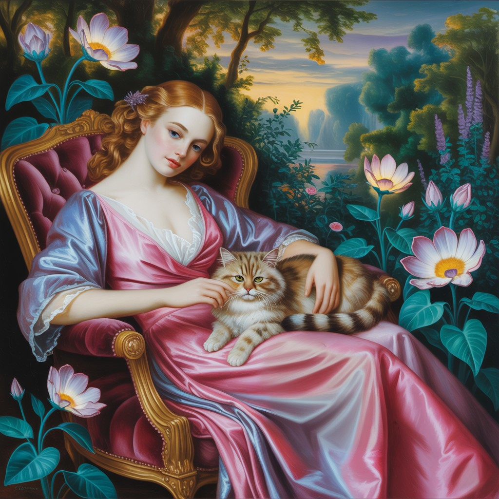 Young Woman in Pink Gown with Cat in Floral Setting