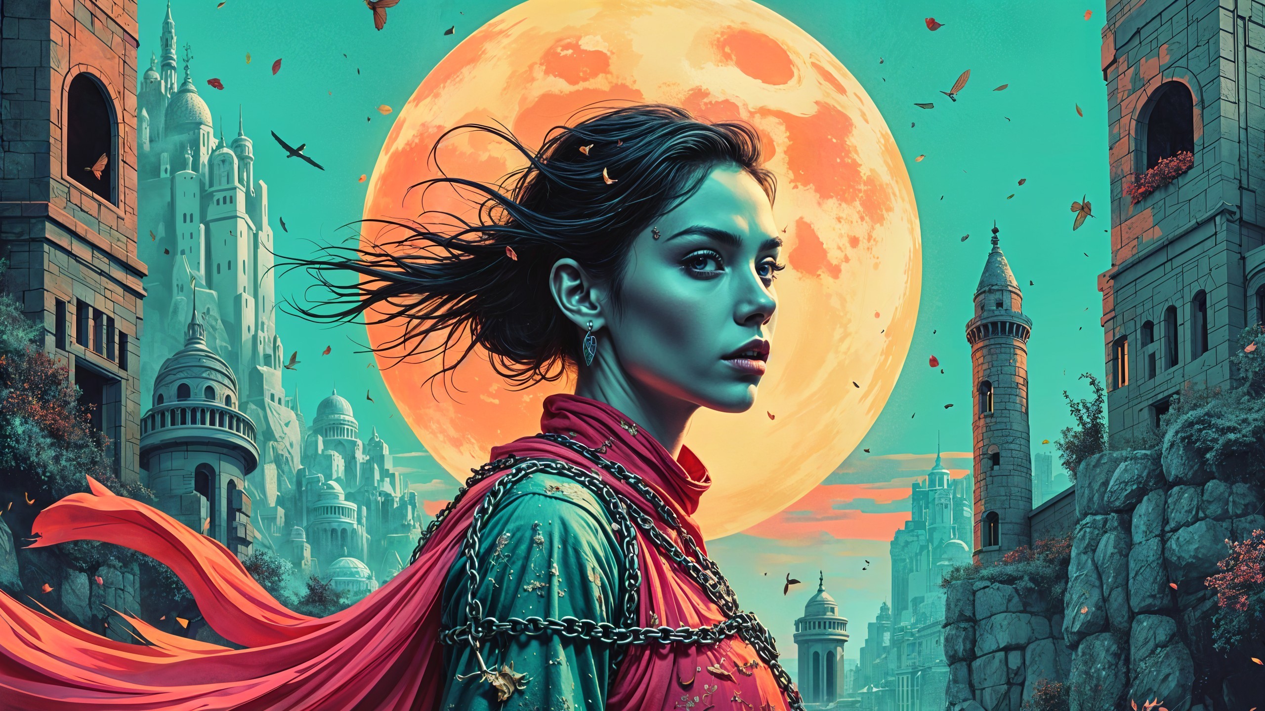 Young woman in vibrant setting with moon and structures