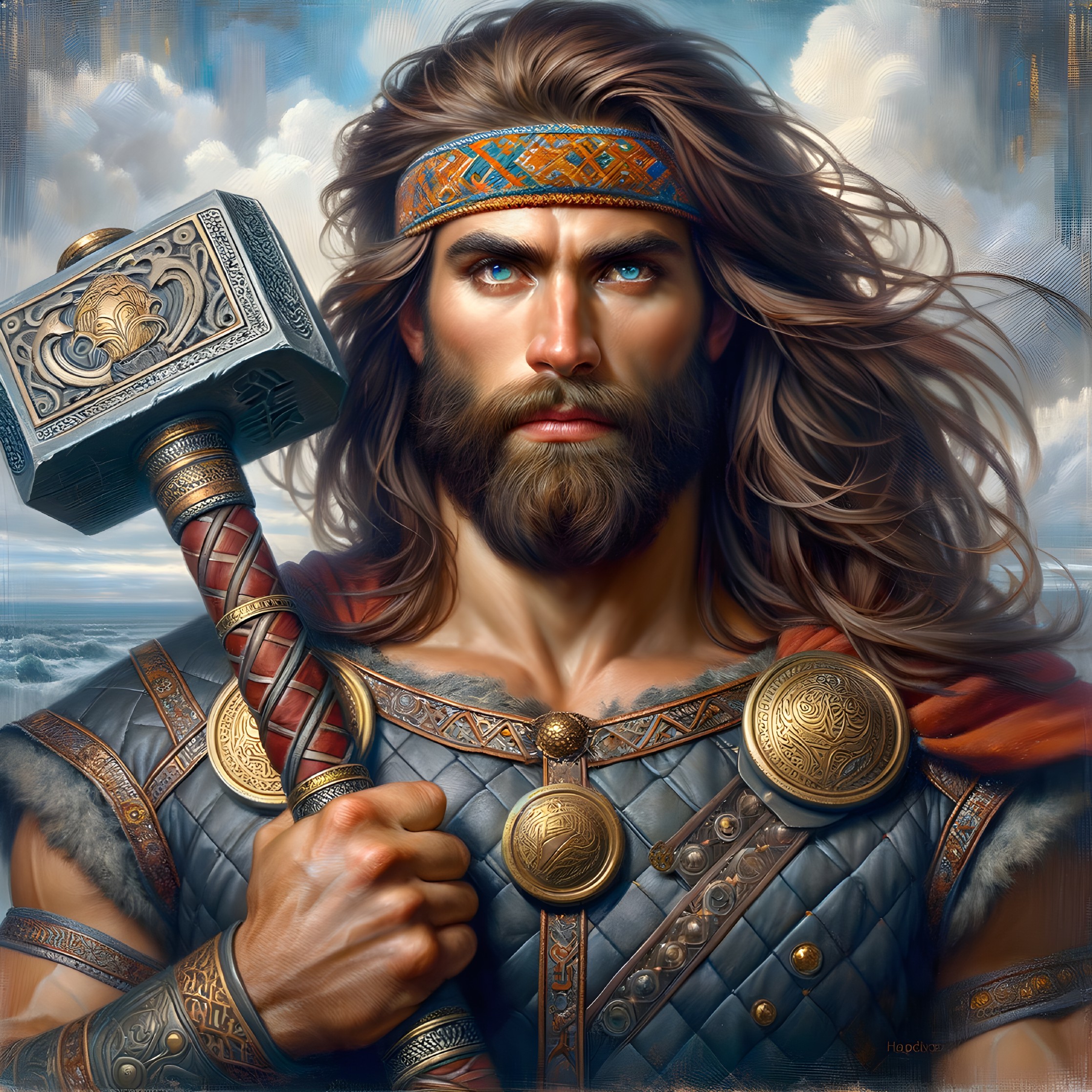 Muscular Warrior with Hammer in Detailed Armor