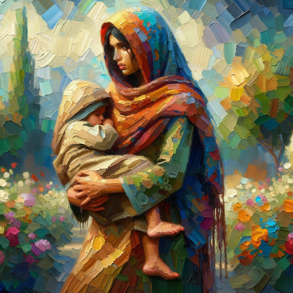 Woman with child in vibrant garden setting