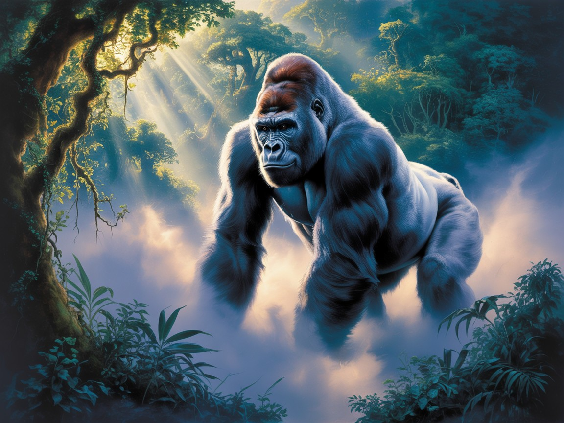 Majestic Gorilla in Lush Jungle with Dappled Sunlight